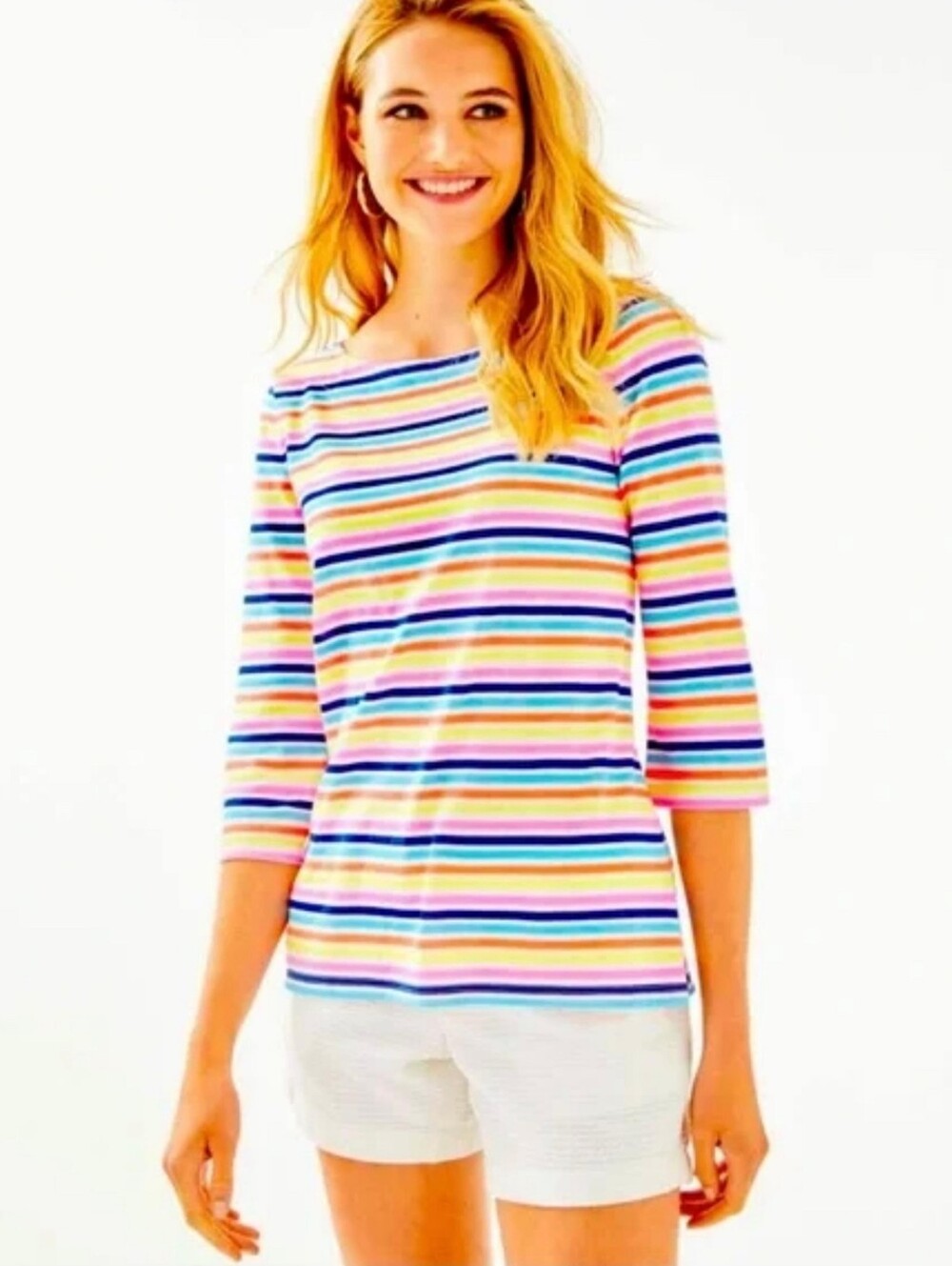 Lilly Pulitzer Waverly Multicolor Stripe 100% Pima Cotton Top Size XL Rainbow